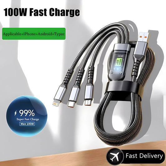 VÜR TripleCharge Pro Cable – 100W 3-in-1 Fast Charging Nylon USB Cable